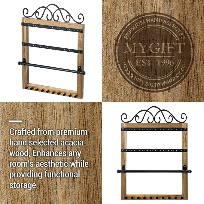 MyGift Premium Acacia Wood & Black Metal Wall Mounted Jewelry Organizer – Scrollwork Design Holder for Necklaces, Earrings, Bracelets & Accessories