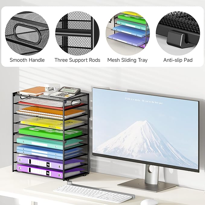 9 Tier Paper Organizer with Handle, Black Large Capacity Desk Organizer Mesh File Folder Letter Paper Tray Desktop Document Sorter for Classroom, School, and Office Accessories Organization