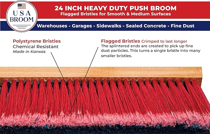 1-Pack - 24" Red Everyday Sweep Indoor/Outdoor Push Broom with 60" Handle. Ideal for Garages & Shops. Durable American Made Steel Brackets-All Stainless Steel Hardware. No Plastic. 100% USA Made