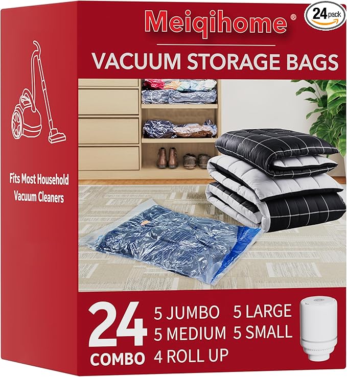 MEIQIHOME Vacuum Storage Bags, Space Saver Sealer Bags,Vacuum seal bags for clothing, Pillows, Comforters, Blankets, Bedding,24 Pack Vacuum Storage Bags with Electric Pump
