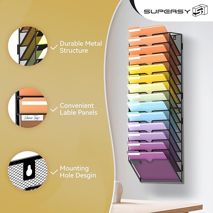 SUPEASY 14-Tier Hanging Wall File Holder Organizer for Papers, Folders, Files Clipboard & Magazine Organization Great for Office Home, Assembly Needed, Black