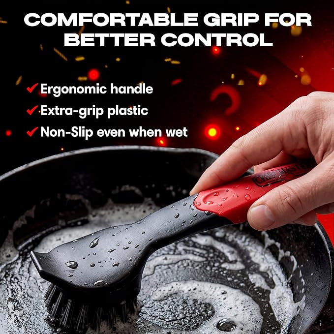 Cast Iron Scrub Brush & Scraper, Dish Scrubber Brush with Heavy Duty Scraper & Superior Nylon Bristles for Cleaning Cast Iron Pan & Skillets, Removes Grime, Grease & Food Build Up by Chef Master 90058