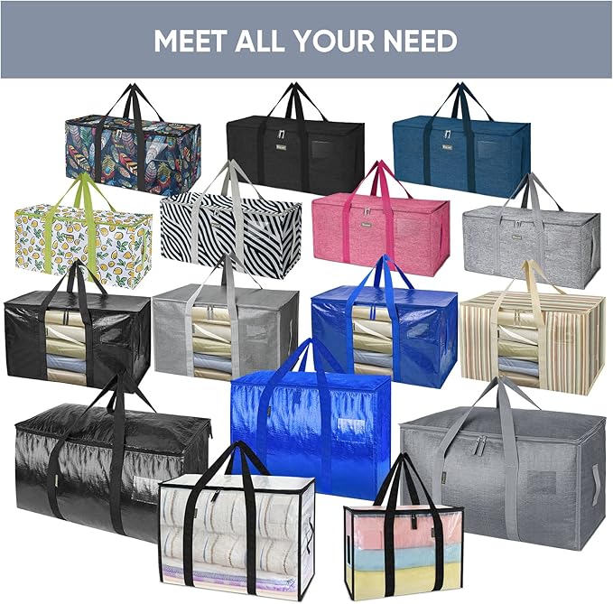 TICONN 2 Pack Extra Large Moving Bags Heavy Duty with Zippers & Carrying Handles, Durable Storage Bags Moving Boxes for Closet Organizers and Storage (2 Pack, Blue)