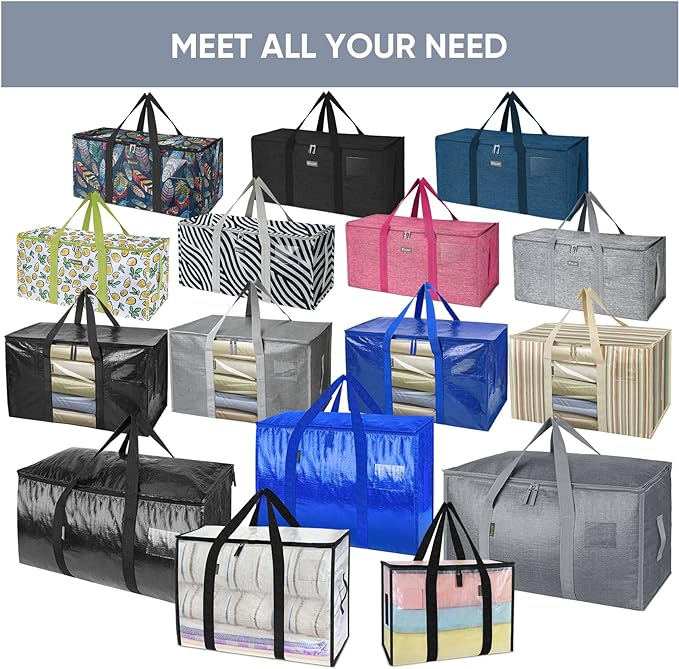TICONN 16 Pack Extra Large Moving Bags Heavy Duty with Zippers & Carrying Handles, Durable Storage Bags Moving Boxes for Closet Organizers and Storage (16 Pack, Blue)