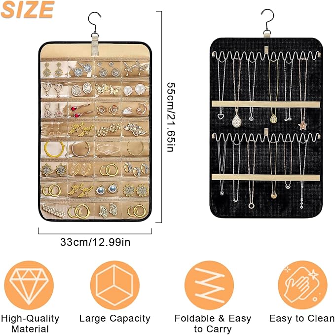Longzhuo Jewelry Organizer, 2 Sided Necklace Holder, with 360 Degree Rotating Hook, Jewelry Holder for Travel, Earrings, Necklaces, Rings on Closet, Wall, Door, Black (12.99 x 21.65 inches)