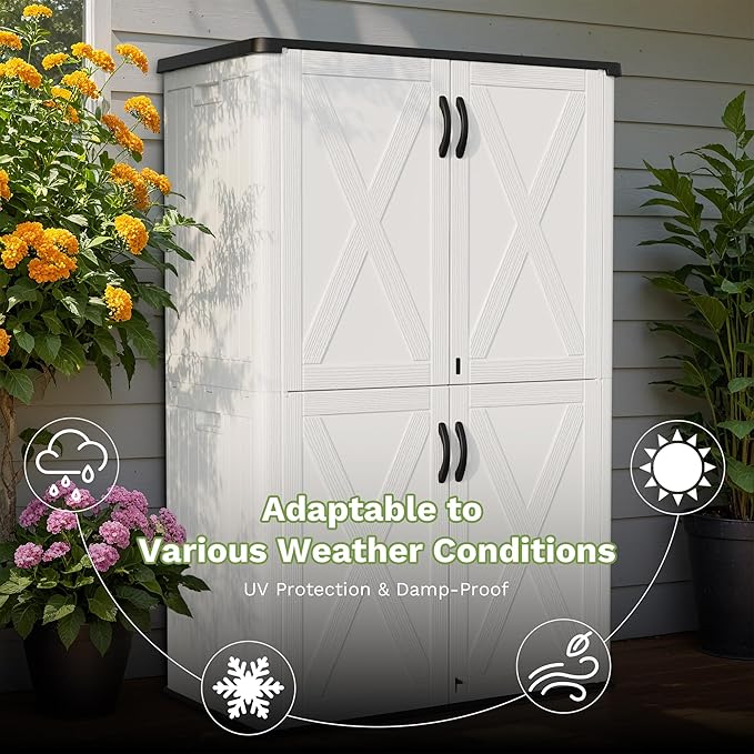 Greesum Outdoor Storage Cabinet, 50 CUFT Deck Box Without Shelves, Waterproof Plastic Storage Shed for Patio Cushions, Gardening Tools, Lockable and Sidehandles, UV Resistant, White