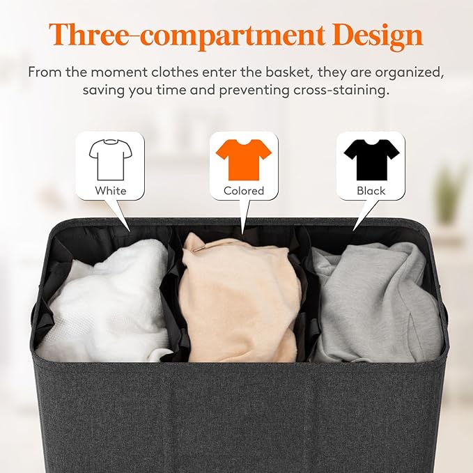 Lifewit Triple Laundry Hamper with Lid and Removable Laundry Bags, Large Collapsible 3 Dividers Dirty Clothes Basket with Handles for Bedroom, Laundry Room, Closet, Bathroom, College, 160L Dark Gray