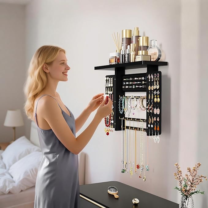Emfogo Jewelry Organizer Hanging Wall Mounted Jewelry Holder, 5-in-1 Large Capacity Necklace Organizer Wall Display for Ring, Necklaces, Bracelets, Earrings(Black)