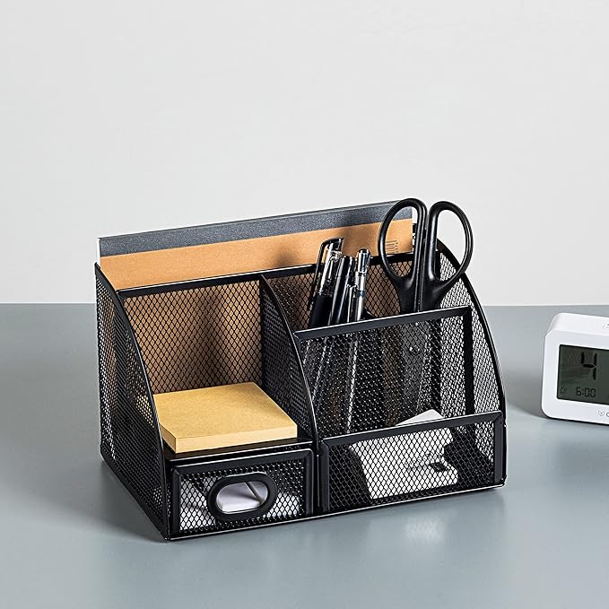 Amazon Basics Pen Holder and Desk Organizer, Office Supplies Storage Caddy, 9.1" x 5.9" x 5.5", Black