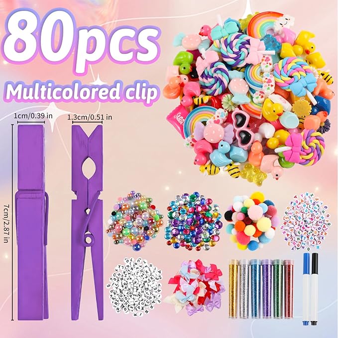 80 Set Cheer Pins Spirit Clips Clothes Wooden Pins for Backpacks Include 90 Mini Resin Animals 30 Mini Bows 500 Beads Cheer Clothespins Decorations Ribbon Team Classroom Cheer Gifts Bulk（Blue）