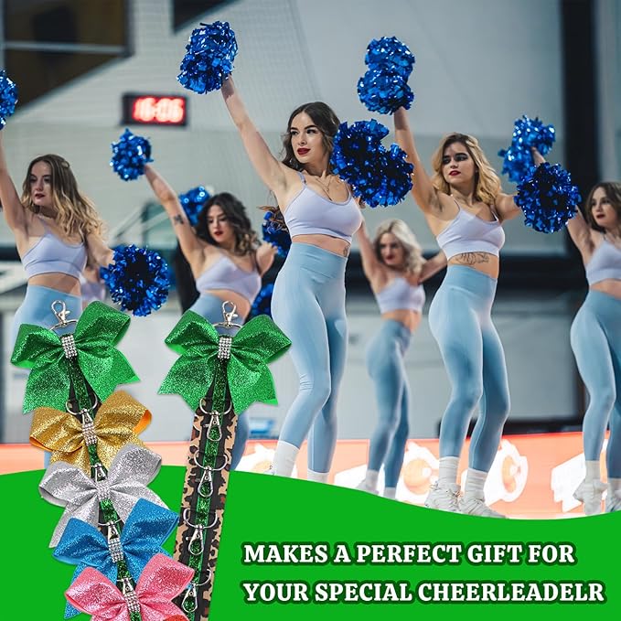 ALIBBON Cheer Bow Holder Glitter Green Leopard Print Hair Bow Holder Cheer Keychain for Cheerleading Backpack Bag Cheerleader Gifts Sports Cheerleading Bows Storage Hanging Ribbon Chain with 5 Clasps