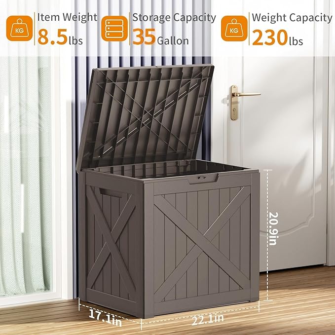35 Gallon Outdoor Deck Box,Waterproof Resin Outdoor Storage Boxes, Outside Storage Lockable Container for Garden Tools,Indooor Cushions,Accessories (Grey)