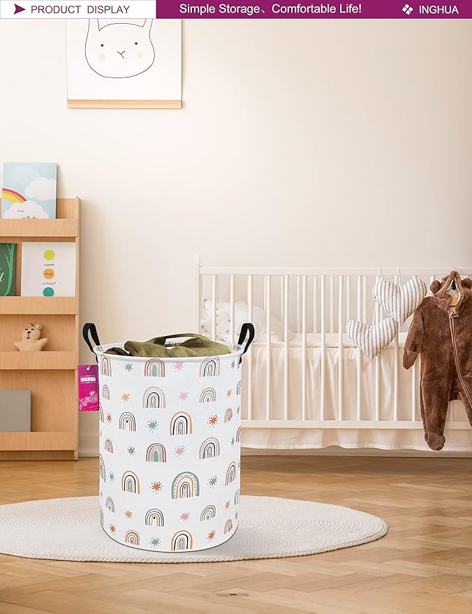 Laundry Hamper Large Canvas Fabric Lightweight Storage Basket/Toy Organizer/Dirty Clothes Collapsible Waterproof for College Dorms, Boys and Girls Bedroom,Bathroom(Star Rainbow)