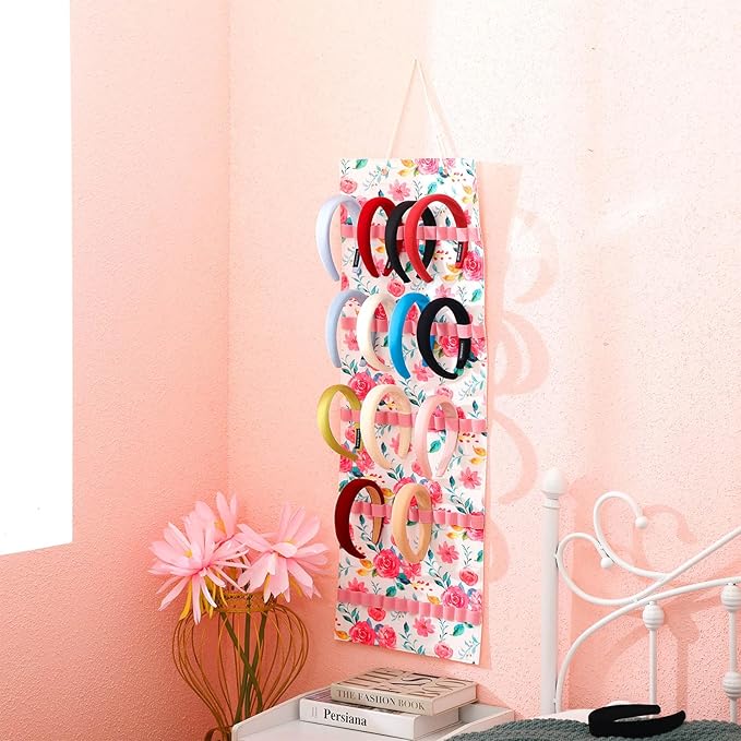 Tudomro Hanging Headband Holder for Girls Felt Hair Accessories Organizer with 60 Elastic Bands Bow Hanger for Girls Hair Bows Without Headbands(Floral,Pink, Green)