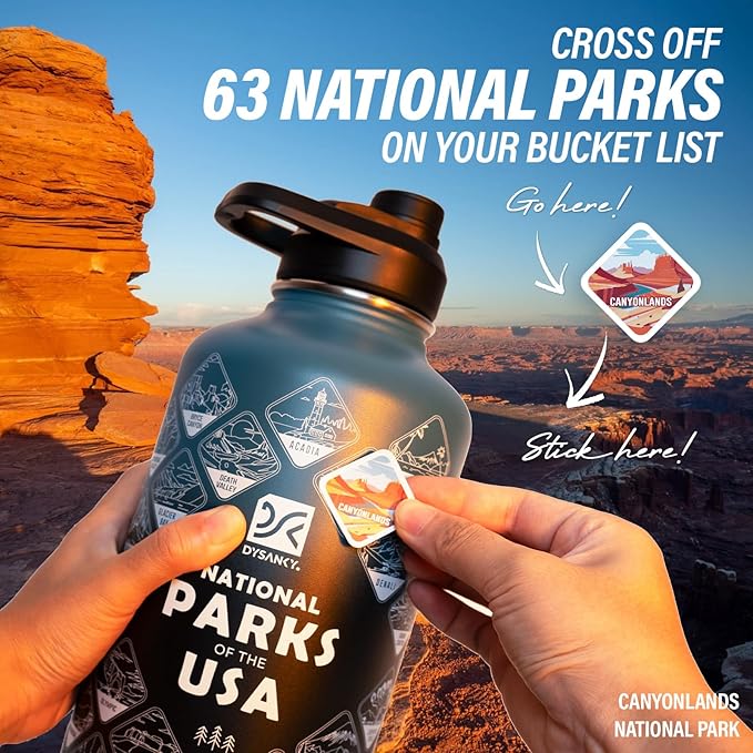 National Parks Water Bottle – 64 oz Insulated Stainless Steel Bottle with 63 Hand-Drawn Park Stickers, Carrier Bag, Strap & Gift Box – BPA-Free – Ideal for Hiking, Camping & Travel