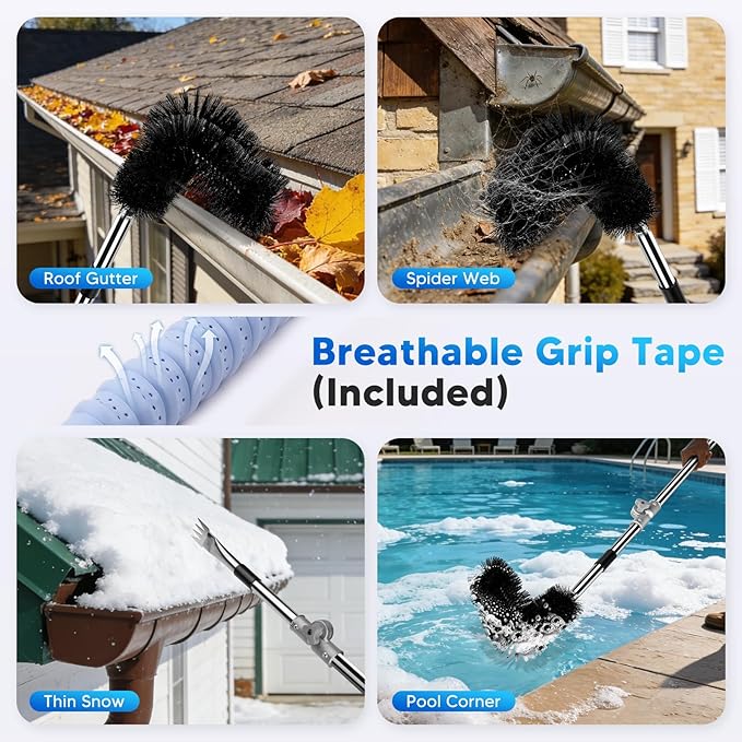 11.8FT Gutter Cleaning Tools From the Ground, No Ladder Needed - Adjustable Gutter Cleaner Pole with Replaceable Brush & Shovel for Roof Rain Gutters Cleans Leaves and Debris with Grip Tapes