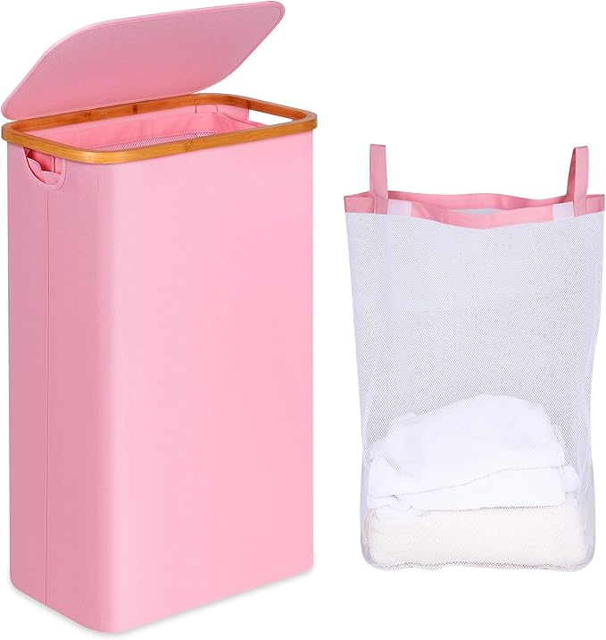 75L Slim Laundry Hamper, Narrow Laundry Basket with Lid,Foldable Clothes Hamper with Bamboo Handles,Hamper Basket with Removable Inner Bag for Laundry Room Bedroom College Dorm,19.8 Gals Pink