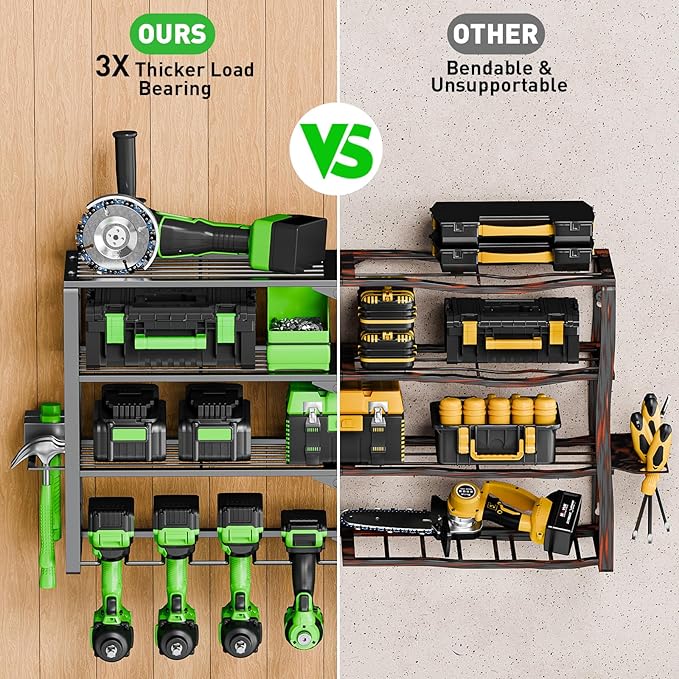 Power Tool Organizer Wall Mount, 4 Layers Tool Storage Rack with 8 Cordless Drill Holders, Power Tool Shelf Loads 400lbs for Garage, Warehouse, Workshop, Gifts for Men, Husband
