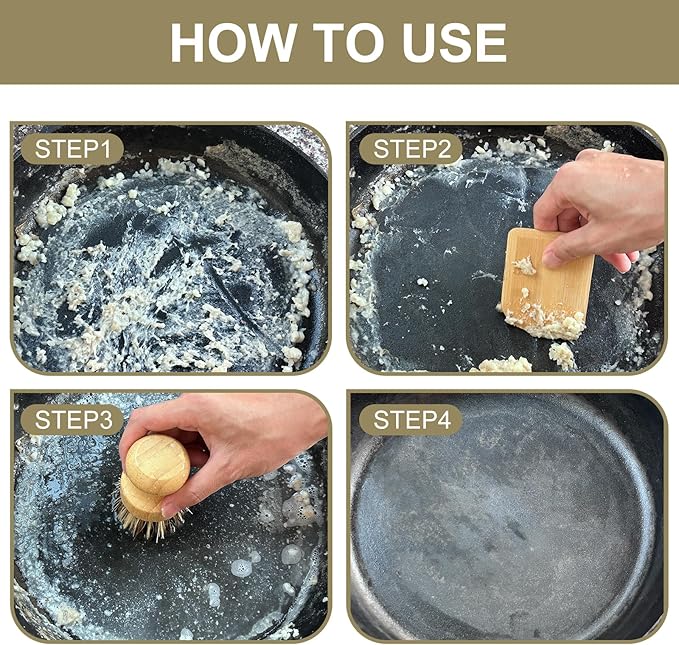 Bamboo Cast Iron Brush, Bamboo Pot Scraper, Kitchen Cleaning Tools for Cast Iron Skillets, Cookware, Dishes, Pans and Pots