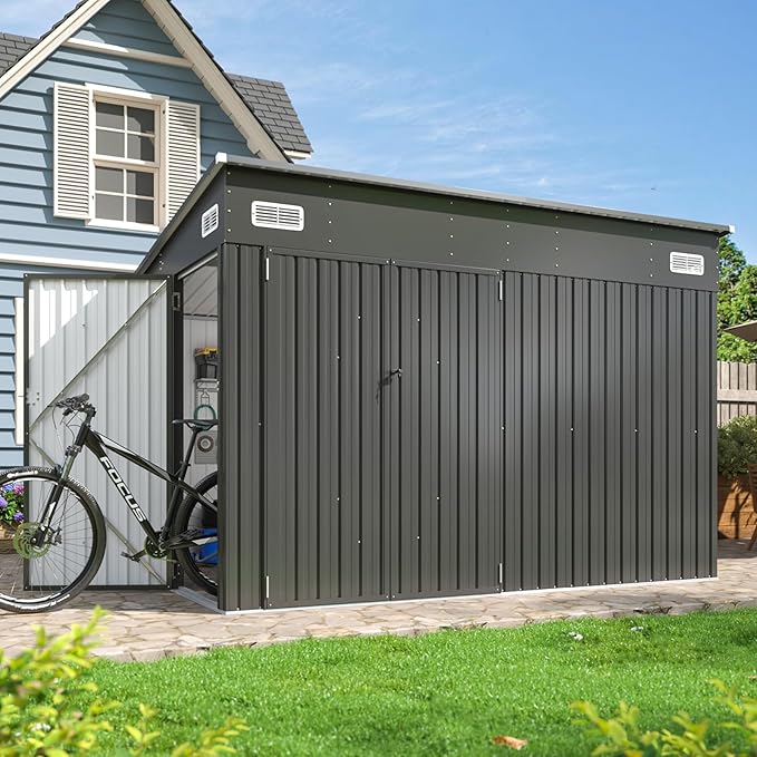 Aoxun 9.4'x7.3' Triple Door Shed Outdoor Storage Shed with Three Lockable Door for Easily Accessing Metal Storage Cabinet with Slopping Roof for Tools Bicycles Storage for Garden, Backyards (Black)