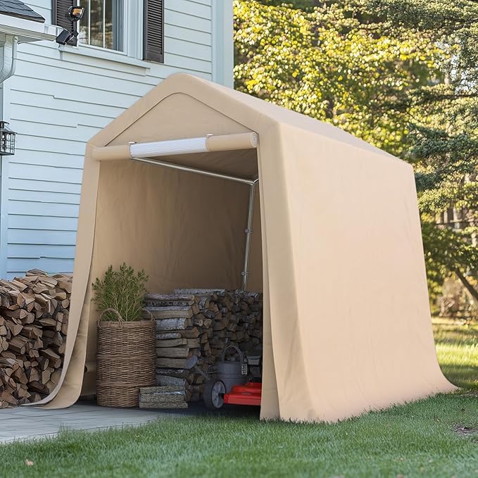 ADVANCE OUTDOOR 6x8 ft Outdoor Portable Storage Shelter Shed with 2 Roll up Zipper Doors & Vents Carport for Motorcycle Waterproof and UV Resistant Portable Garage Kit Tent, Beige