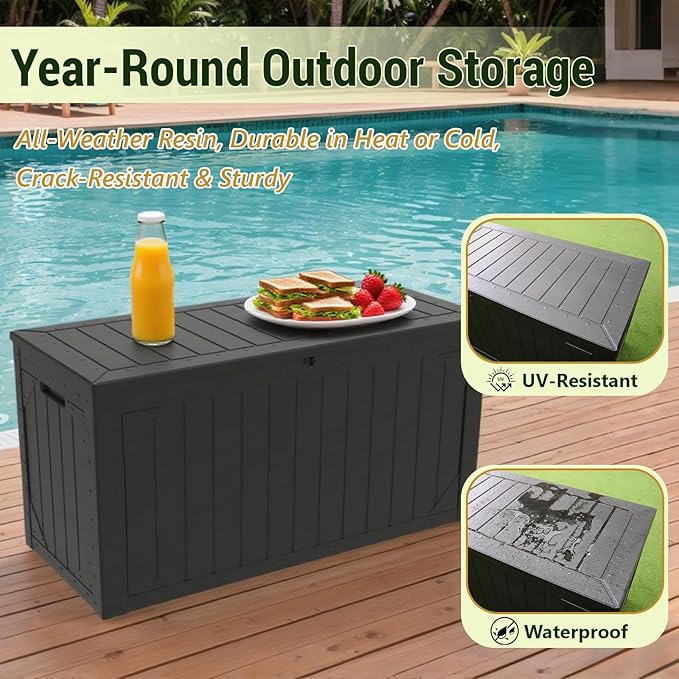 Outdoor Storage Box Waterproof, 100 Gallon Lockable Resin Deck Box Large Storage Bin for Patio Furniture Cushion, Garden Tools, Pool Accessories, UV-Resistant Outside Delivery, Black