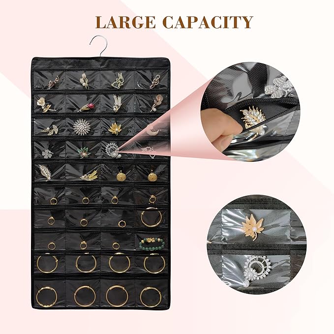 80 Pocket Hanging Jewelry Organizer with Hanger Metal Hooks Storage On Wall Door Closet Double-Sided(Each Side 40 Pockets) Jewelry Holder for Earrings, Necklaces, Rings (4 PACK BLACK)