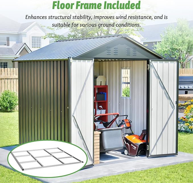 6x6 FT Outdoor Storage Shed with Lockable Doors & Sloping Roof & Clear Window & Floor Frame, Galvanized Steel Metal Garden Tool Shed for Backyard, Patio, Poolside