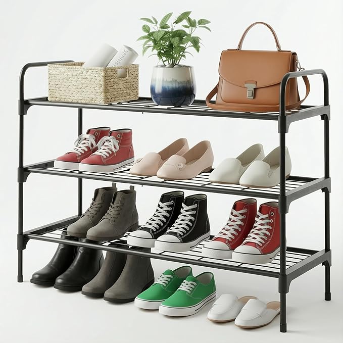 3-Tier Shoe Rack Organlzer, Rustproof lron, Spaclous Shoe Storage Shelf for Closet or Entryway, Fits Sneakers & Slippers, Black