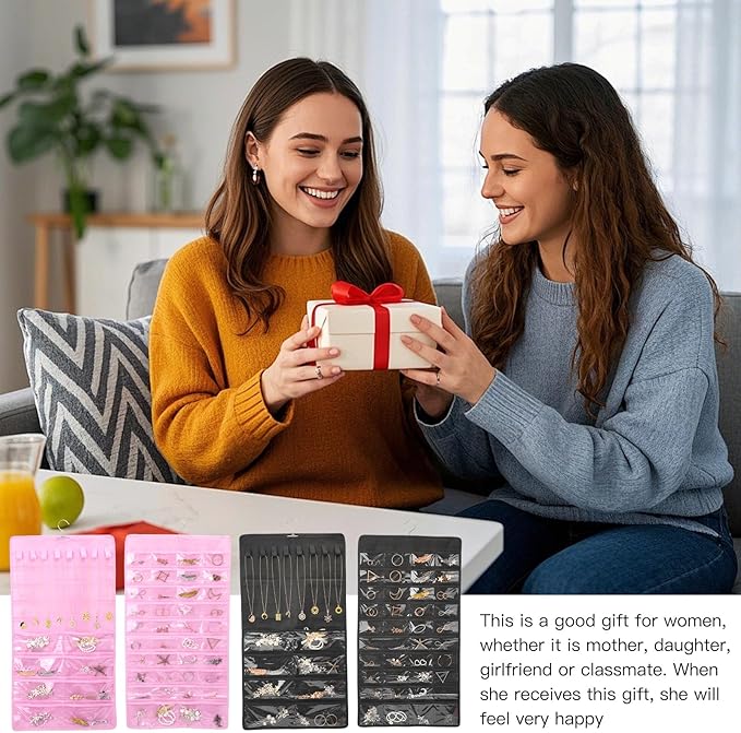 WRENYZK 2 Pcs Hanging Jewelry Organizer with Metal Hooks, Jewelry Holder Organizer with 20 Pcs Storage Bags, 48-Pocket Dual-sided Jewelry Storage for Earring Necklace Bracelet Ring (Black, Pink)