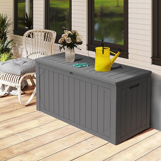 Outdoor Storage Box Waterproof, 100 Gallon Lockable Resin Deck Box Patio Storage Bin for Pool Accessories Cushion Furniture, Garden Tools, UV-Resistant Outside Delivery, Grey