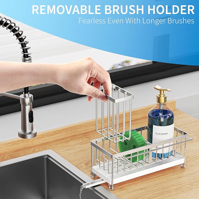 Cisily Sponge Holder for Kitchen Sink, Sink Caddy Organizer with High Brush Holder, Kitchen Countertop Organizers and Storage Essentials, Rustproof 304 Stainless Steel (Silver With Towel Rack, 9.25″)