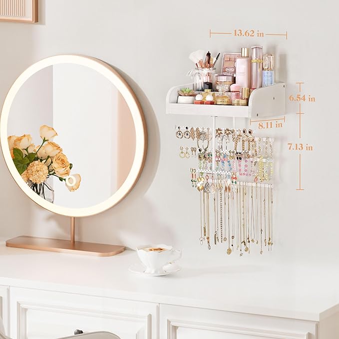 Keebofly Wall Mounted Jewelry Organizer 7-in-1 with Large Stepped Rustic Whitewood Shelves - Iron Jewelry Holder for Earring, Necklace, Bracelet Storage + Makeup/Perfume/Nail Polish Display
