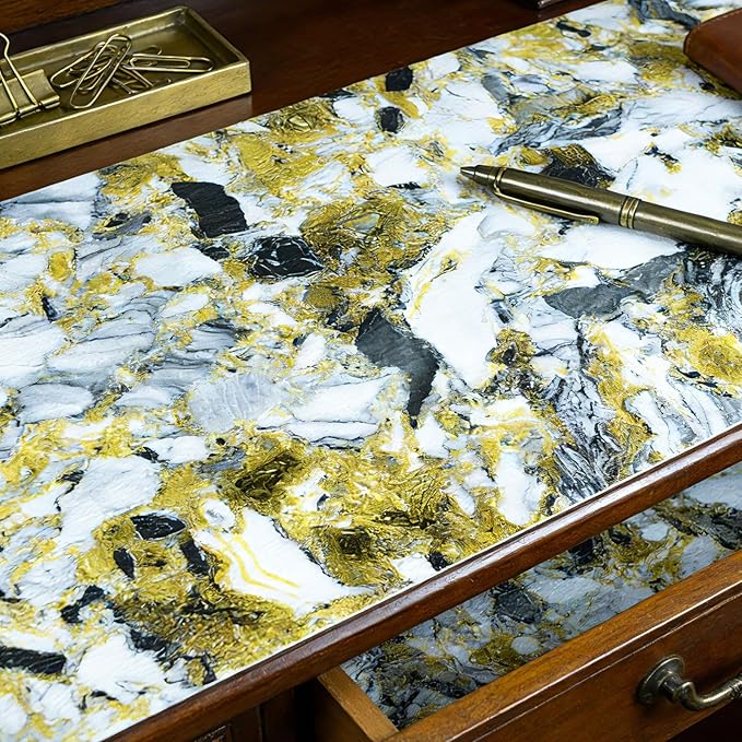Drawer and Shelf Liner - Yellow Black Marble Pattern,Non Adhesive Non Slip Waterproof Easy-Clean Liner for Kitchen Cabinet, Refrigerator, Bathroom, Pantry Storage Drawers, 12 in x 20 Ft