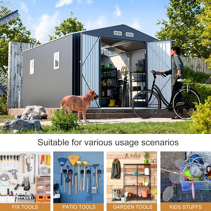 10x12 FT Outdoor Metal Shed with Unique Floor Base Clear Roof Window Lockable Double Door Vent, Waterproof Heavy Duty Reinforced Frame Sheds for Garden Storage Large Lawnmower Tool, Dark Grey