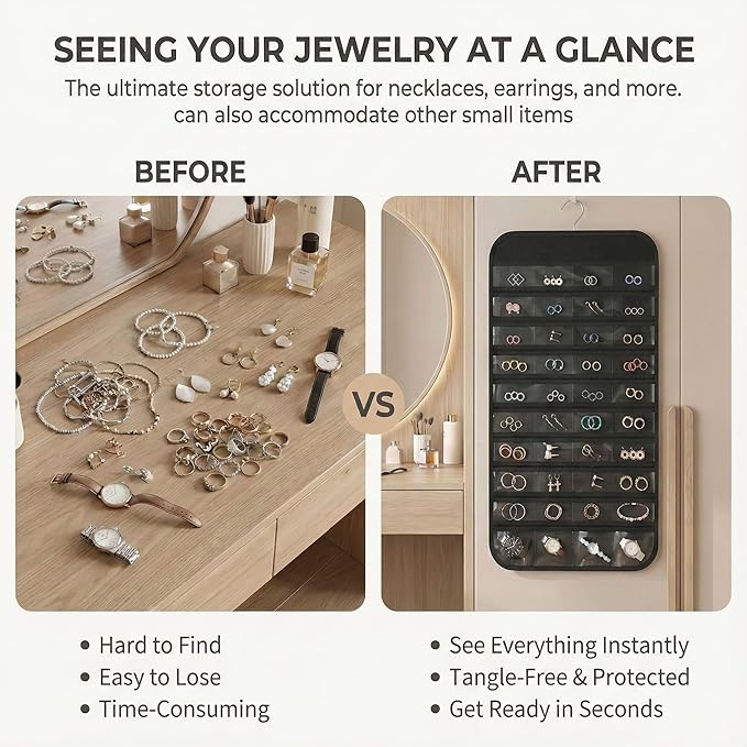 Hanging Jewelry Organizer Double Sided with 80 Clear Pockets, Necklace Organizer Hanging for Closet and Wall, Jewelry Organizer with Hanger, Over the Door Jewelry Organizer, Large Jewelry Storage Bag