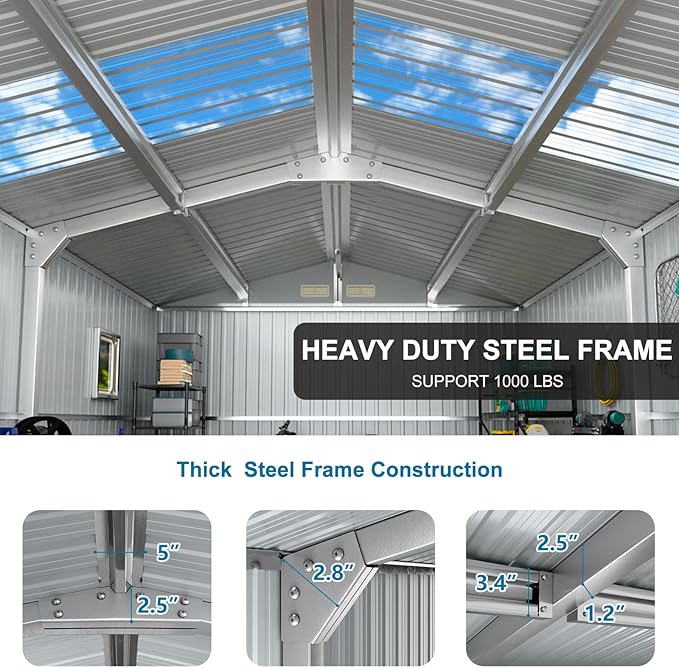 10x12 FT Outdoor Metal Shed,Unique Clear Roof Window Lockable Double Door Air Vent,Waterproof Heavy Duty Reinforced Frame Sheds for Garden Yard Storage Large Lawnmower Tool,Dark Grey