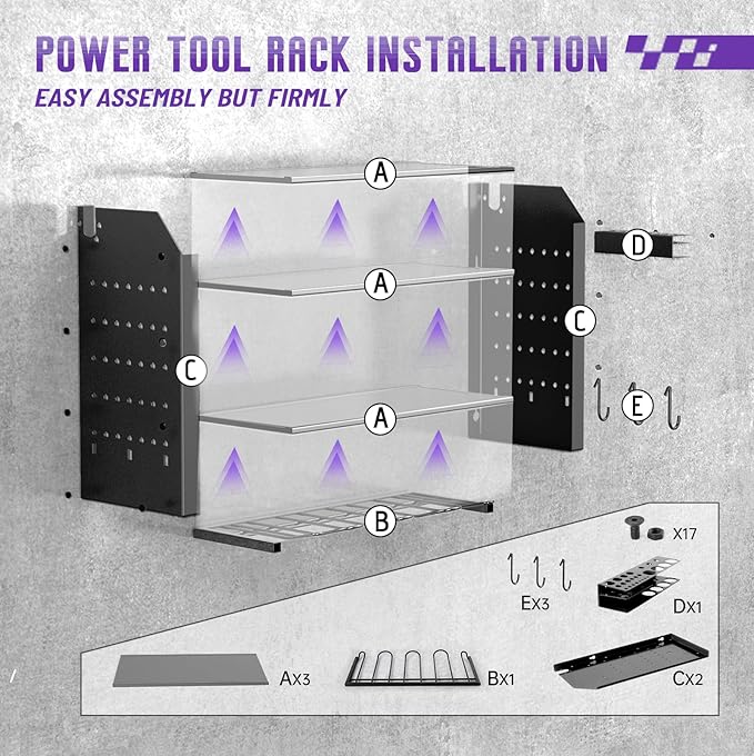 Power Tool Organizer Wall Mount, 4 Tier Tool Rack for power tool Storage,Garage Tool Organizer with Hooks for Men Gift,Black