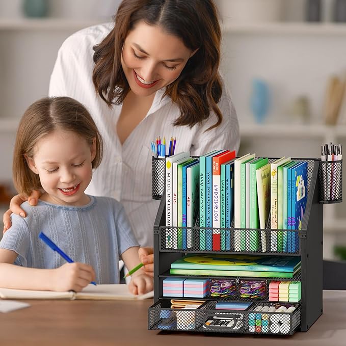 SWTYMIKI Desk Organizer with Drawers - Mesh and Wood Desk File Organizer with Pen Holders, 4-Tier Paper Organizer for Office Organizer and Accessorie, School and Home Storage, Black