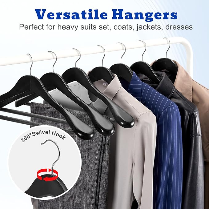 HOUSE DAY Wide Shoulder Wooden Hangers 12 Pack, Wood Suit Hangers for Men with Non Slip Pants Bar, Smooth Finish Solid Wood Coat Hangers for Jacket, Pants, Dress, Heavy Clothes Hangers (Black)