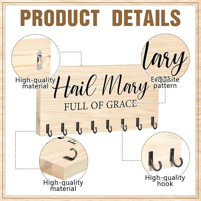 Large Wooden Rosary Holder Wall Mounted with 8 Hangers Catholic Rosary Storage Organizer Decorative Hanger Holder for Necklace, Bracelet Prayer Storage (Natural)