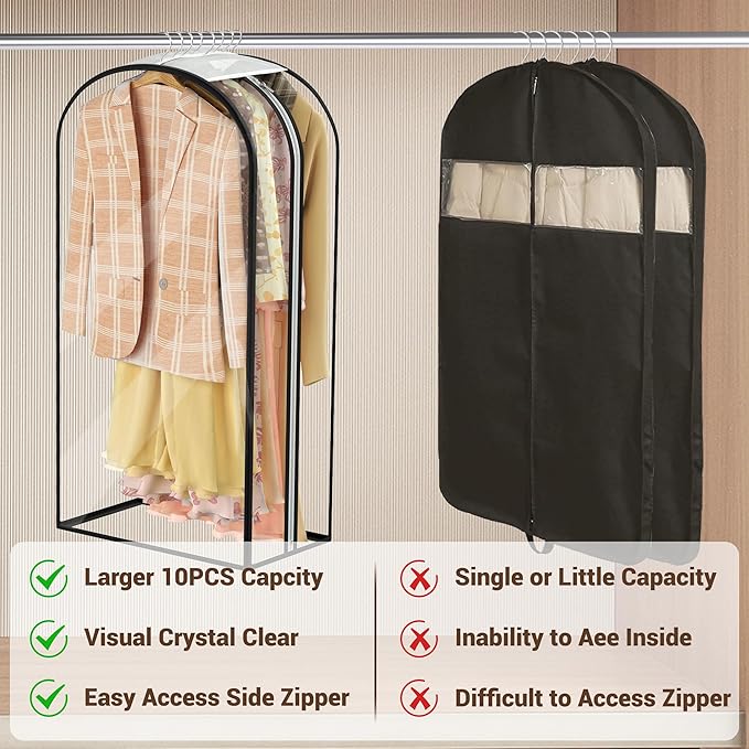 Garment Bags for Hanging Clothes 40” Long,Ultra Clear Suit Bags for Closet Storage, Moving Organization, Travel Covers with 10" Gussets for Coat, Dress, Shirt and Sweater - 4 PCS