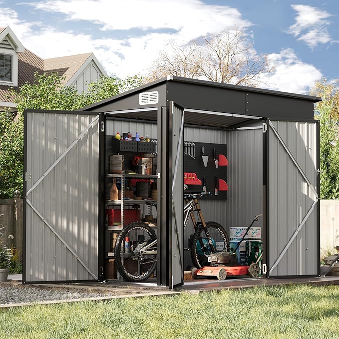 7.5'x4' Large Outdoor Shed with 3-Lockable Door & Sloping Roof, Heavy-Duty Galvanized Metal Garden Storage for Bikes, Tools, Snow Blowers (Black)