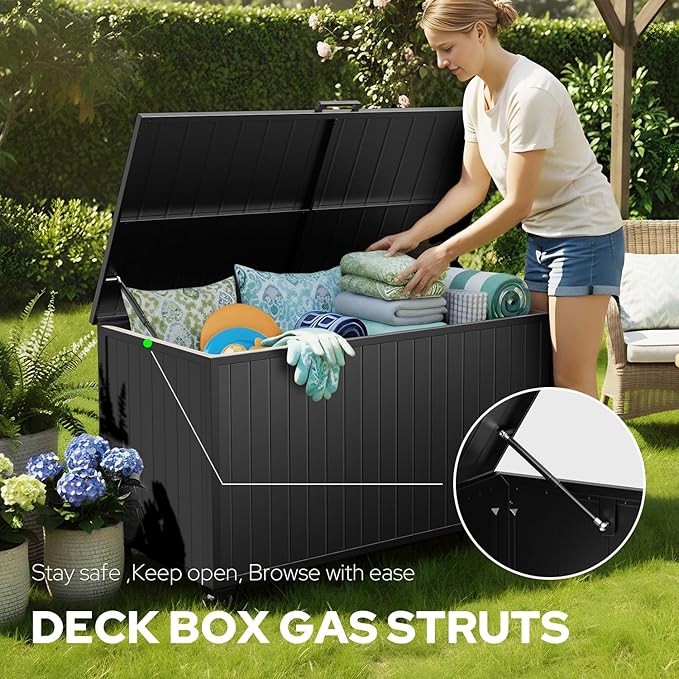 Outdoor Storage Box with Wheels 150 Gallon, Metal Deck Boxes Waterproof, UV Resistant Patio Storage Box with Lid for Patio Furniture, Garden Tools (Black)