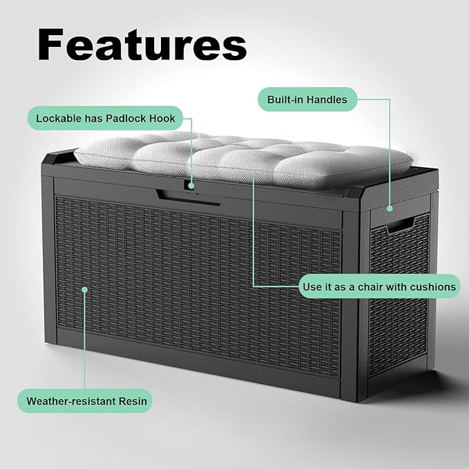 60 Gallon Waterproof Resin Deck Box, UV Resistant Outdoor Storage for Garden, Patio, Porch, Delivery（Black，60 Gallon）