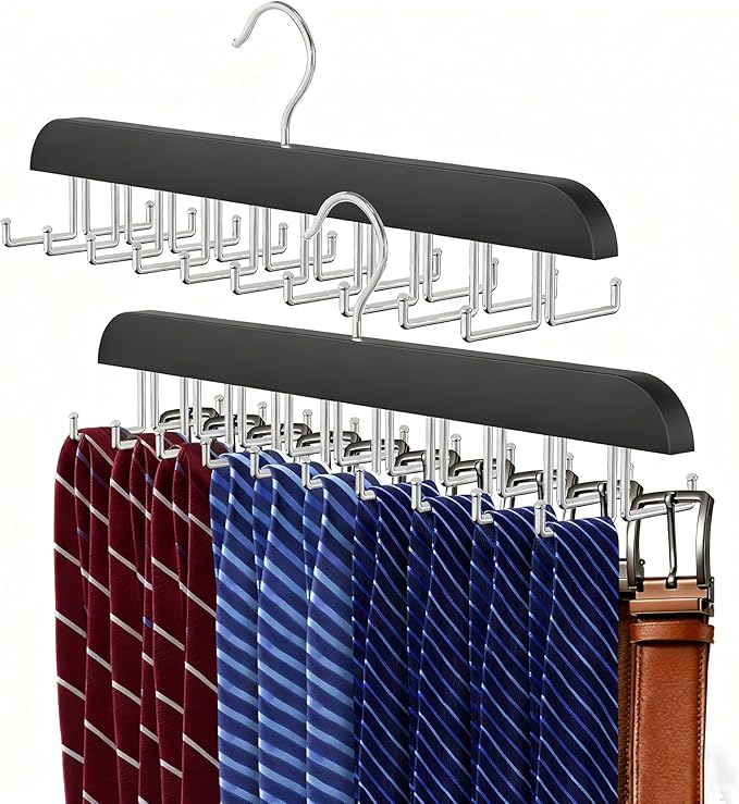 Tie Rack Hanger for Closet 20 Foldable Hooks, 2 Pack Wooden Non Slip Large Capacity Space Saving Tie and Belt Organizer with 360°Rotating Hooks for Tank Tops Bras Scarves Hat
