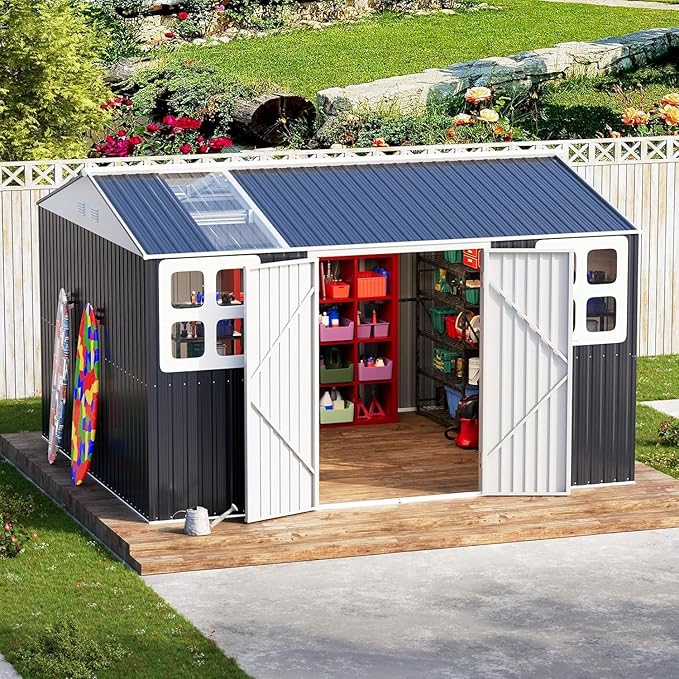 12x10 FT Outdoor Metal Shed,Unique Clear Roof Windows Lockable Double Door Air Vent,Heavy Duty Reinforced Frame Waterproof Sheds for Garden Storage Large Lawnmower Tool,Dark Grey