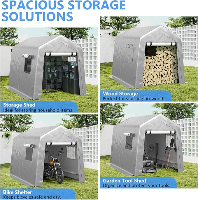 Carport 6x8 FT Enclosed Carport with Roll-up Windows, Portable Garage with Removable Sidewalls & Doors, Car Canopy Tent with Sandbags All-Season Tarp for Bike Motorcycle