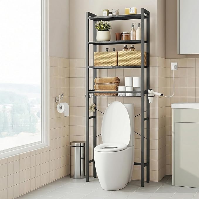 VASAGLE Over The Toilet Storage, Over Toilet Bathroom Organizer with Adjustable Shelves and Basket, 3 Hooks, Space Saving, 9.4 x 23.6 x 68.1 Inches, Ebony Black UBTS114BE01S