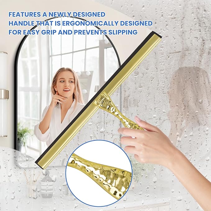 All-Purpose Silicone Shower Squeegee for Shower Glass Door,with 1 Hooks,for Bathroom Glass, Car, Tile Wall, Mirror Cleaning - Flower Shaped Handle for Easy-Grip 14 Inch Golden